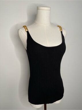 AUGUST SILK Black Ribbed Tank with Gold Chain Straps Silk Blend